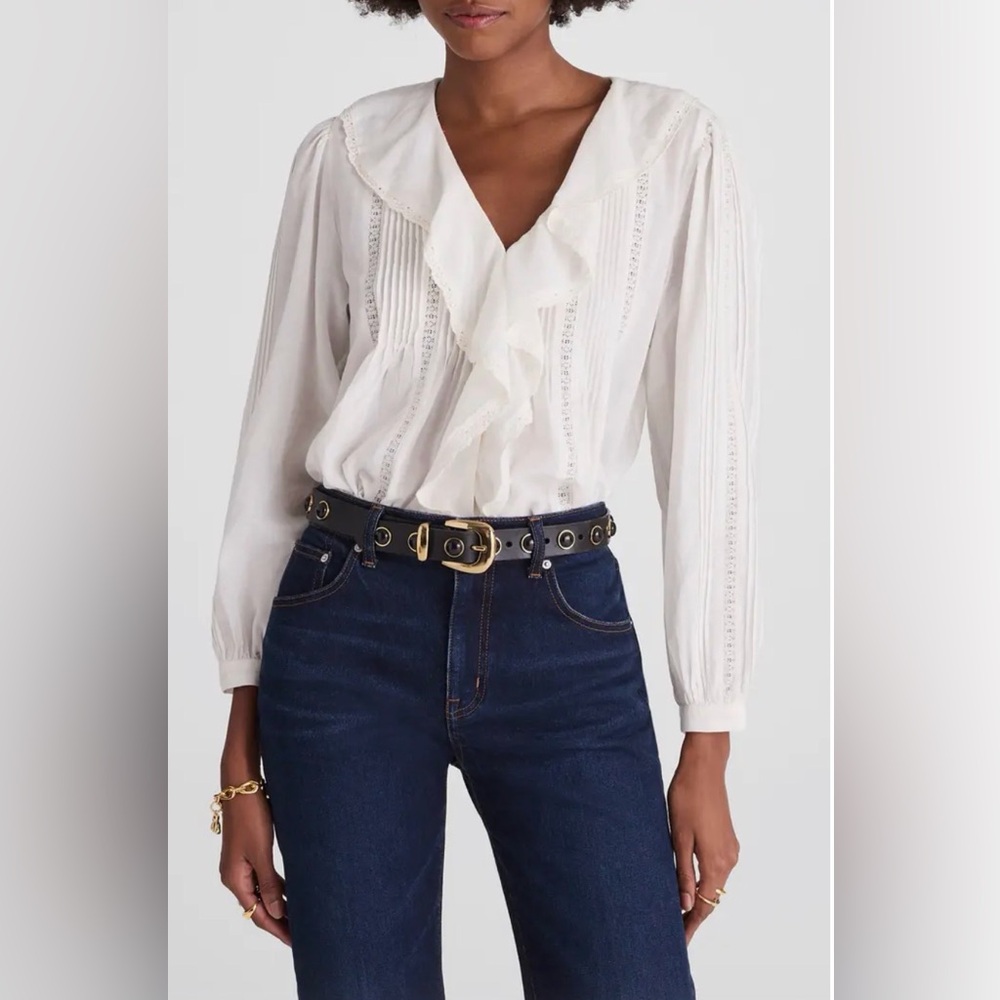 Madewell Lace Insert Ruffle Pintuck Long Sleeve Top, Size Large